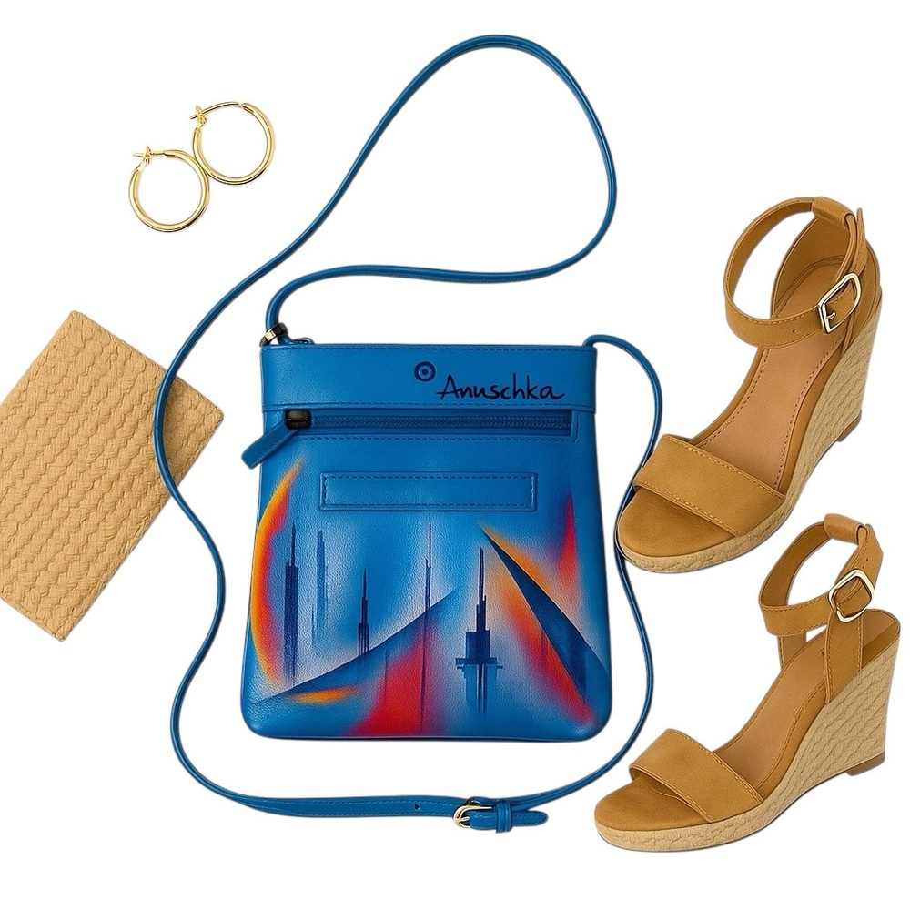 Anuschka Hand-Painted Blue Leather Crossbody RFID 7×8.5 Wearable Art Bag in EUC